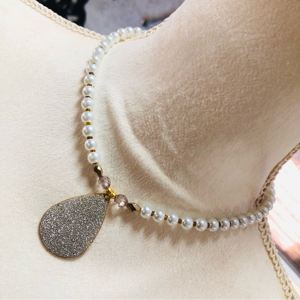 Handcrafted repurpose sparkle teardrop pendant Czech glass Pearl necklace